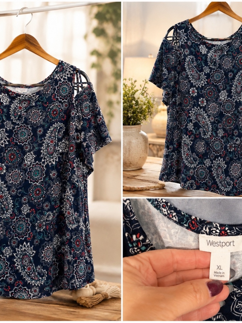 Westport Navy Multicolor Floral Cold-Shoulder Top